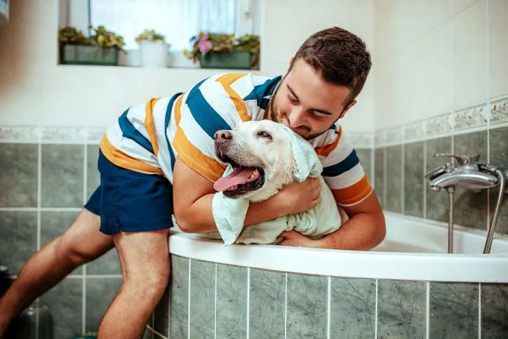 Man bathing his dog