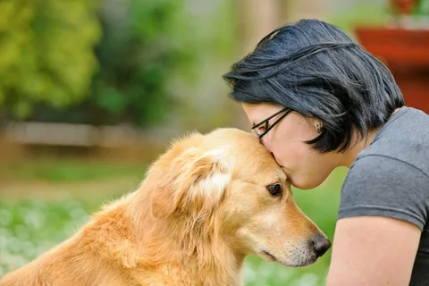 Woman kissing a brown dog on the forehead